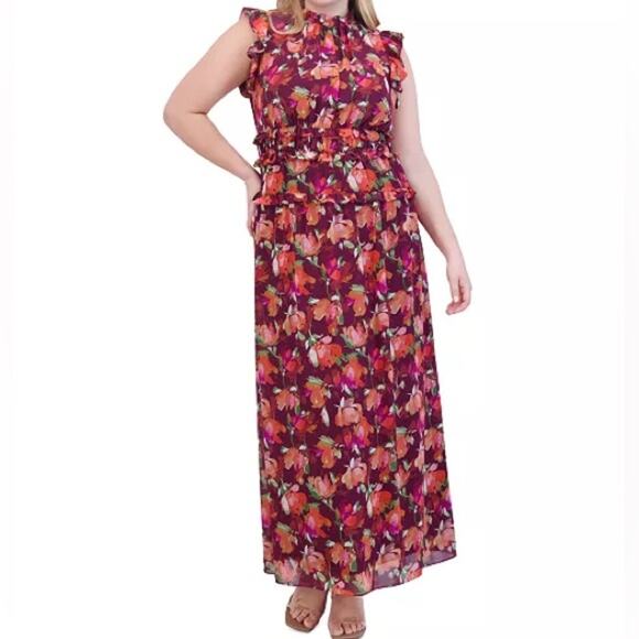 Vince Camuto Plus Size Printed Chiffon Ruffle Maxi Dress Floral Women’s Sz 22W - Picture 1 of 9